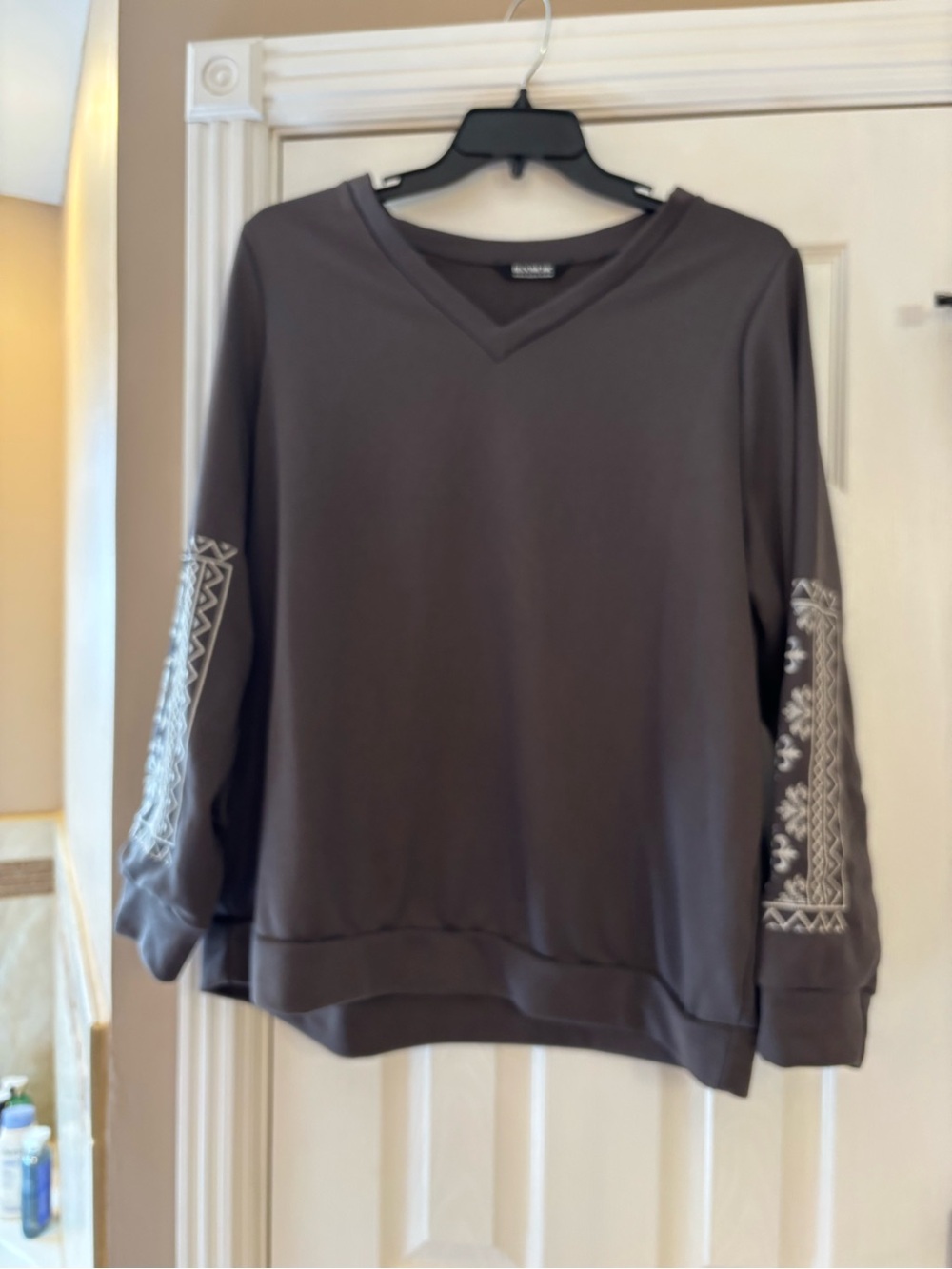 BloomChic Charcoal V-Neck Embroidered Sleeve Sweatshirt